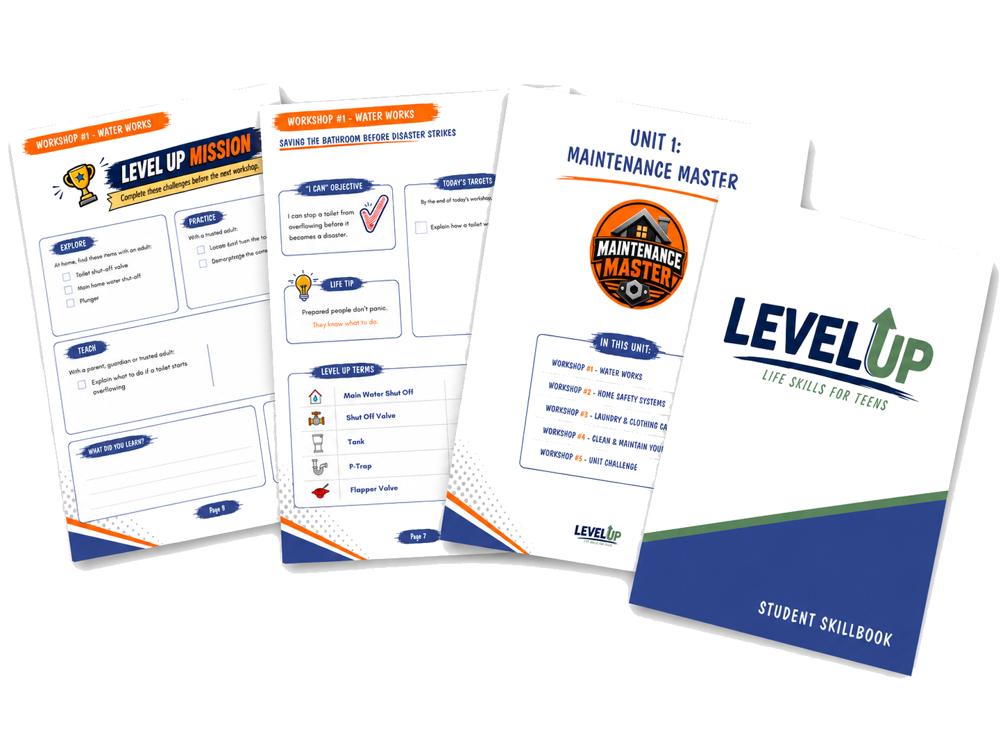 Level Up Student Skillbook preview showing workshop pages for Maintenance Master